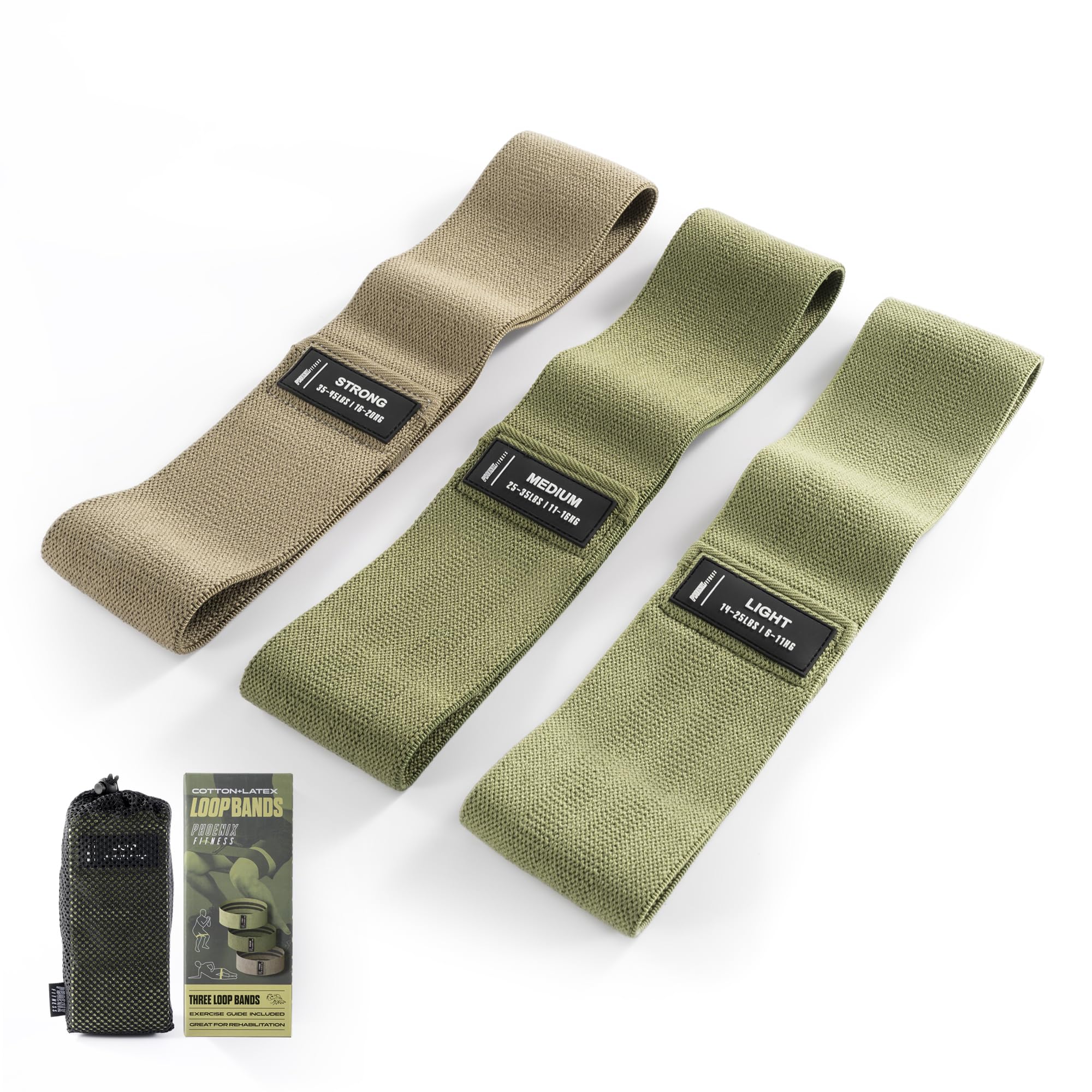 Phoenix Fitness Fabric Resistance Bands - Set of 3 Non-Slip Exercise Bands for Women and Men - Home Gym Workout Bands for Yoga, Pilates & Fitness with Carry Bag & Exercise Guide (Green)