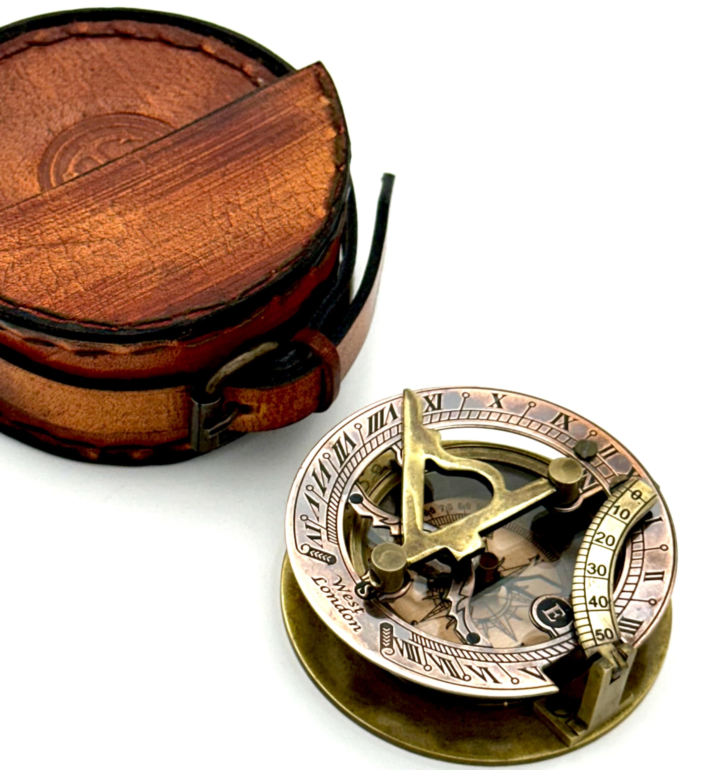 geekgifts Brass Sundial Compass with Leather Box - Nautical Accessories - Antique Gift for Men - Time Keeping Compass - Graduation Gifts for Him - Mens Compass - Gift for Hikers