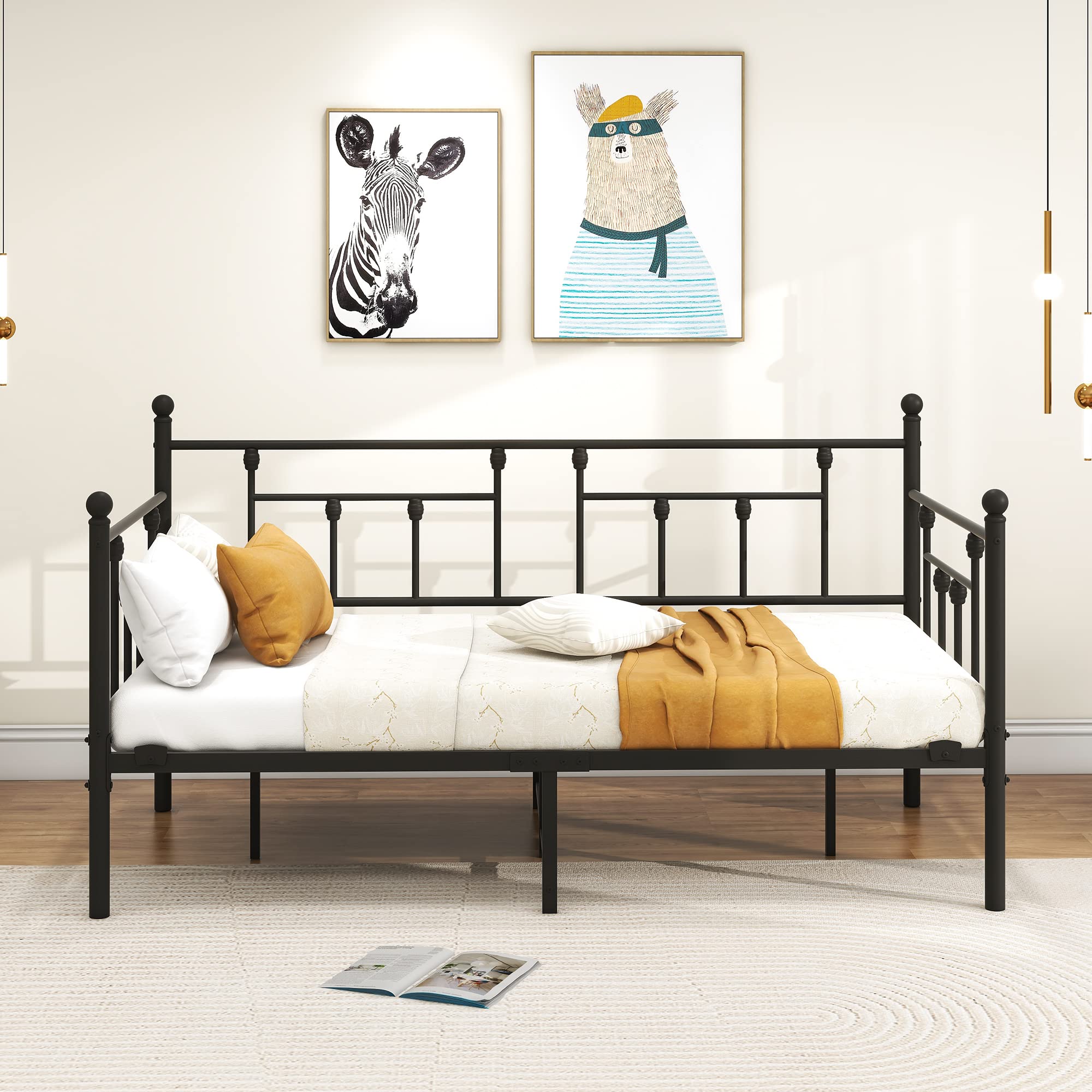 Tagesbett Bettgestell 90x200 cm Bett, Einzelbett Schlafsofa mit Lattenrost für Gästezimmer Jugendbett, Metallbett Tagesbett Bettrahmen für Schlafzimmer Wohnzimmer, Schwarz