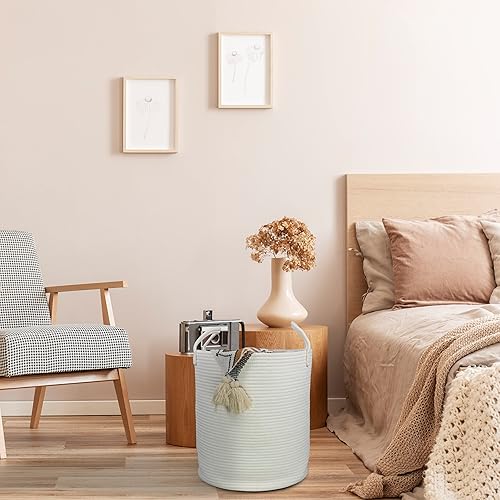 Miniatura 5 de Cesta de cuerda de algodón para ropa sucia, cesta de almacenamiento tejida decorativa para sala de estar, dormitorio, cestas de cuerda alta bohemia