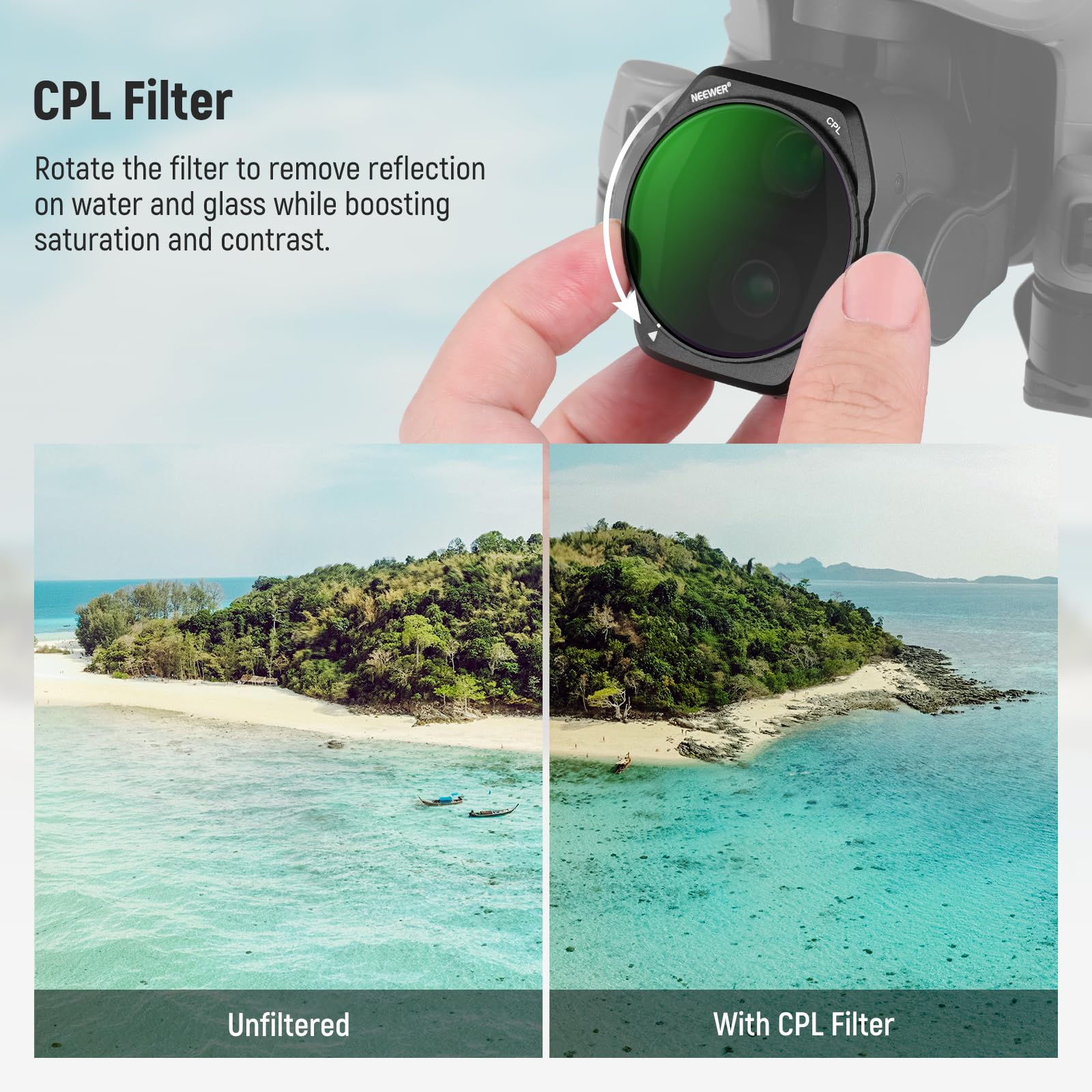 NEEWER Lot de 4 filtres ND compatibles avec DJI Air 3S, ND8 + ND32 + ND128 + CPL Polariseur Circulaire sécurisé à densité Neutre Accessoires pour Drone Verre Optique HD Multicouche Mince FL-A85