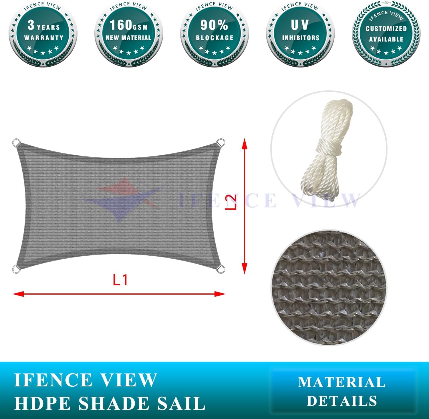 Ifenceview 5'x5'-5'x24' Rectangle UV Blocking Sun Shade Sail Canopy Awning for Patio Yard Garden Driveway Pergolas Gazebos Outdoor Facility (5'x24', Grey)