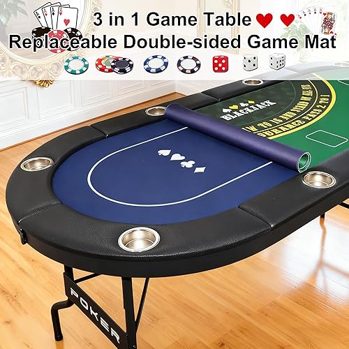 Miniatura 2 de Mesa de póquer plegable 3 en 1 de 6 pies con alfombrilla de juego reversible, mesa de juego para 8 jugadores con 8 portavasos, adecuada para Texas