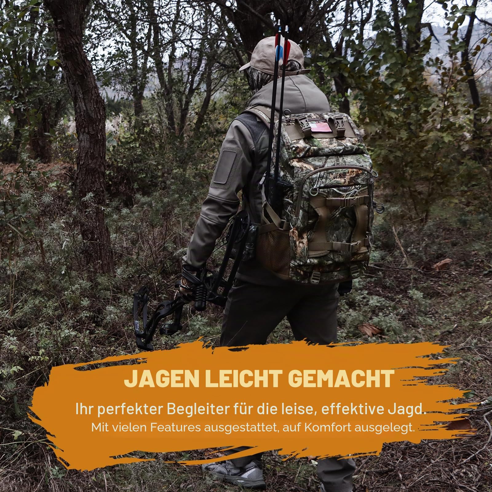 Jagdrucksack, Jagdrucksack mit Gewehrhalter, Jagdrucksäcke für Männer, Jagdtasche mit wasserdichtem Regenschutz