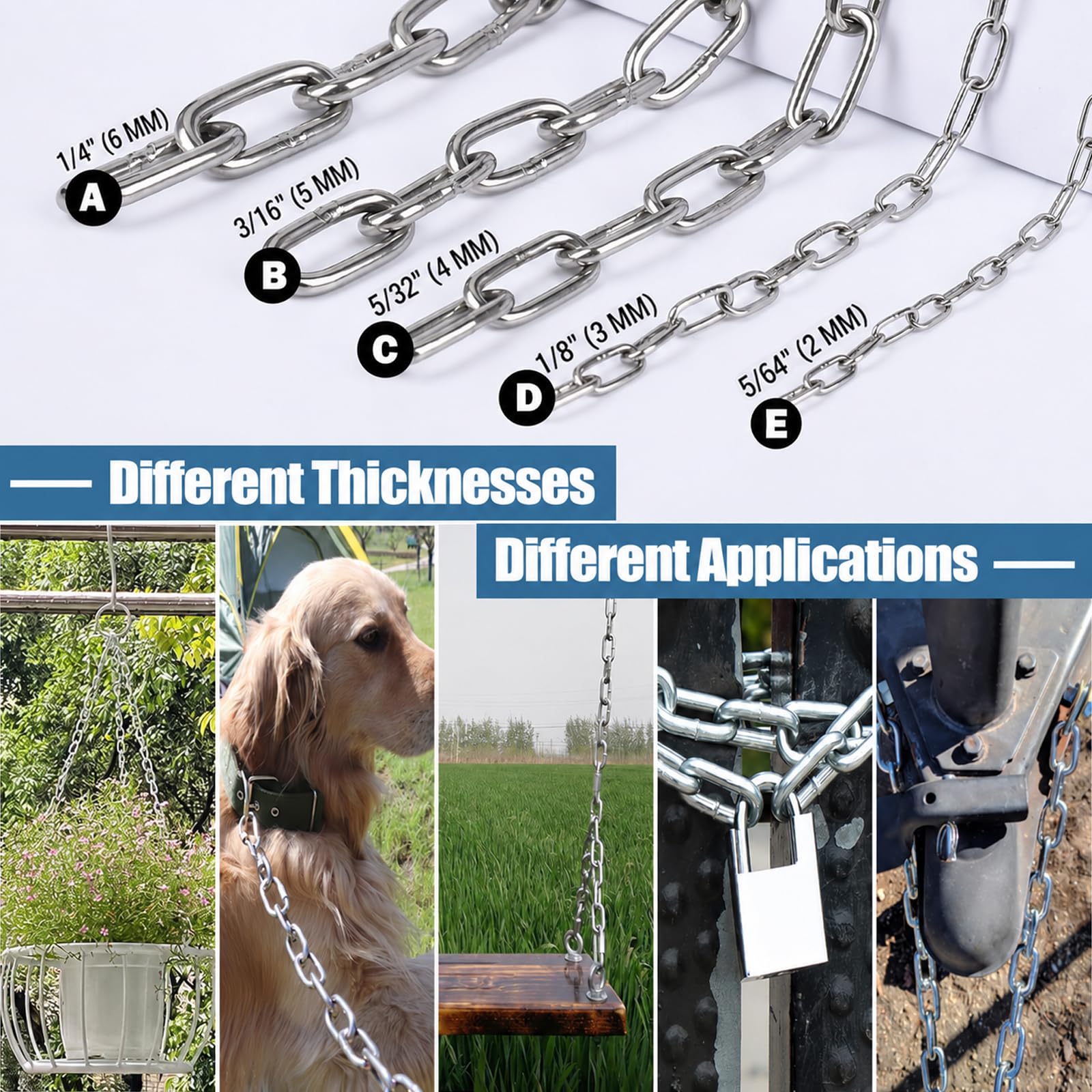Chaîne en acier inoxydable - 1Pcs Φ2mm 10M Chaîne métallique à maillons suspendue de sécurité - Chaîne résistante à la corrosion et à la rouille pour chaîne antivol/animal/décorative/rambarde