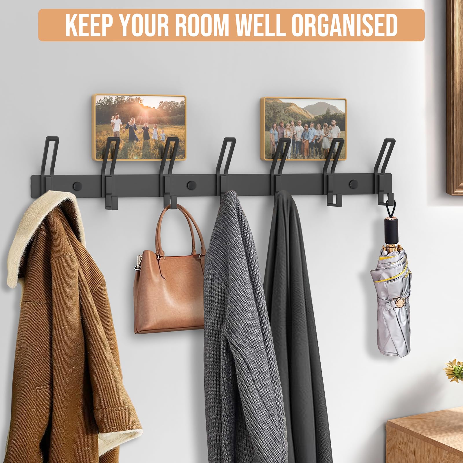 Alyvisun 2 Pieces Heavy Duty Wall Coat Hangers with 7 Hooks, Stainless Steel Coat Racks for Haning Jackets Scarves Bags, Coat Hooks Wall Mounted for Entryway Bathroom Kitchen (Black) — view 3