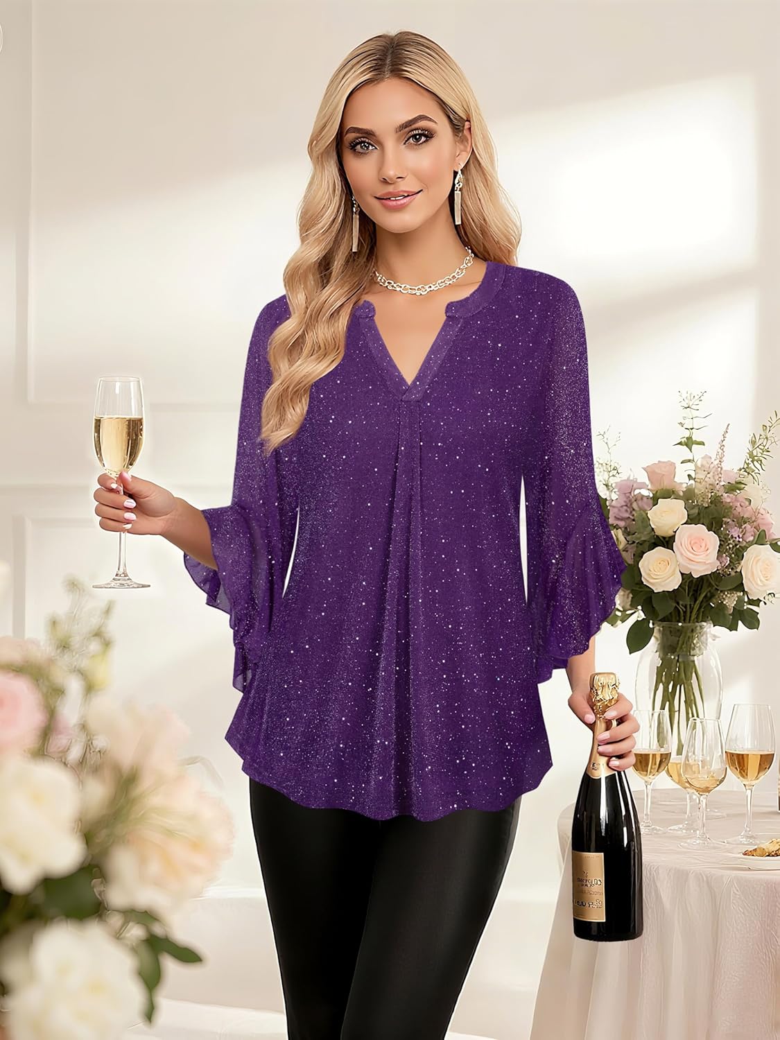 Ninedaily Womens Tops 3/4 Sleeve Dressy Casual Blouses Double Layers V Neck Shirt - Image 3