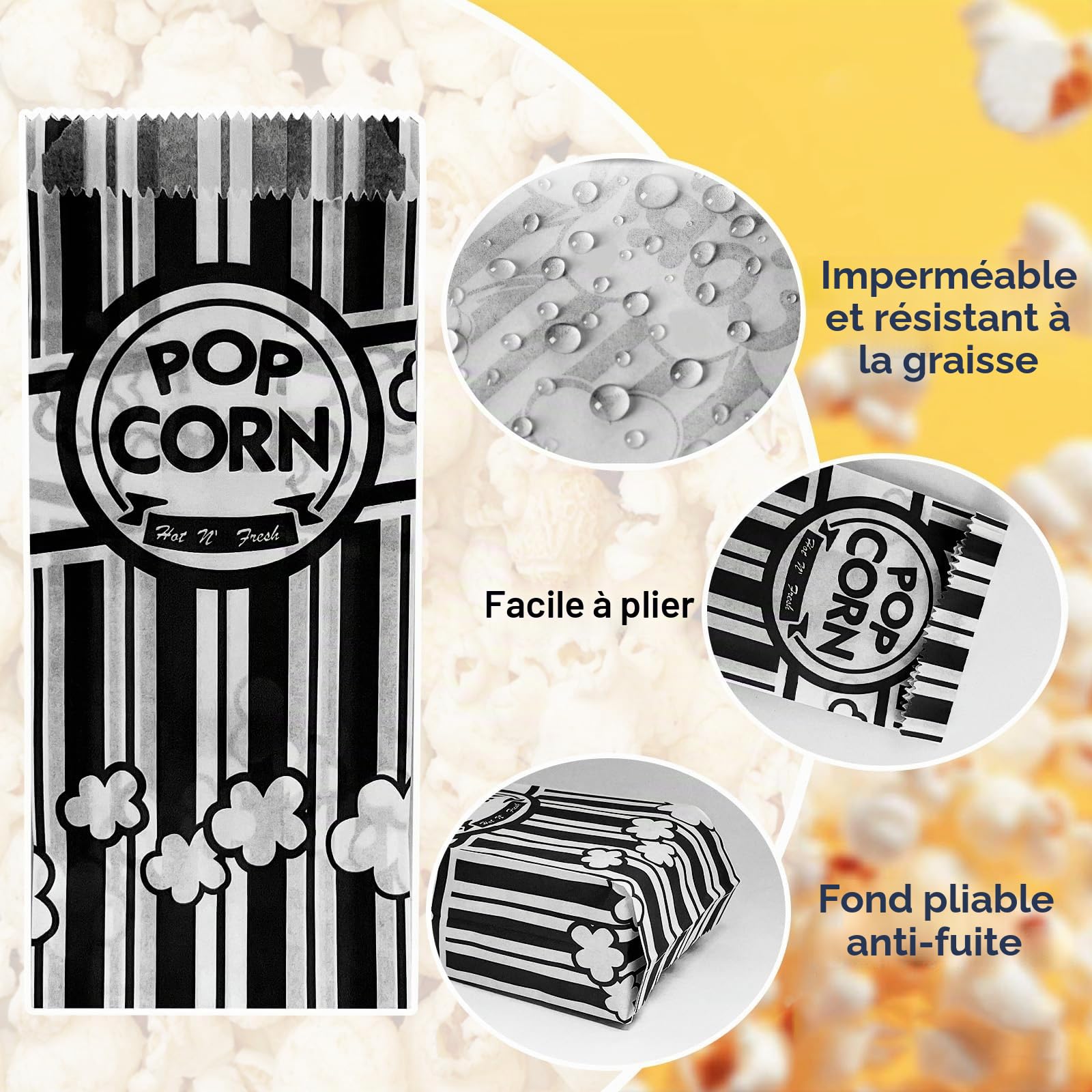 300 Pièces Sachet Pop Corn,Petites Sac Popcorn en Papier Rouge Blanche Rayé,Classique Rétro Snacks Container pour Les Fêtes, Anniversaires, Soirées Cinéma Carnival, Noir & Blanche(21×9×6cm)
