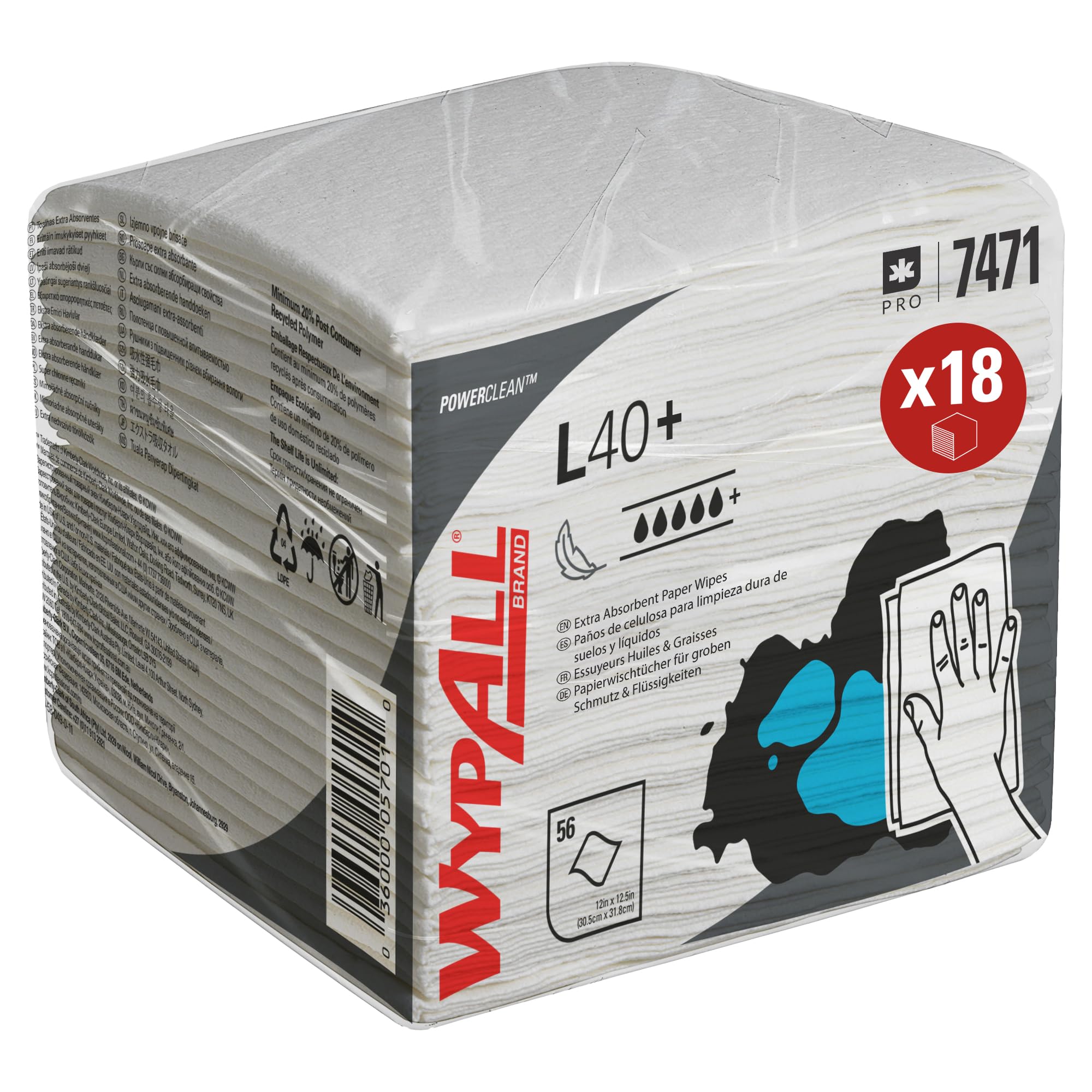 WypAll Panni assorbenti WypAll L40 7471 - Panni monouso - 18 confezioni x 56 piegati in due (1.008 panni in carta in totale)
