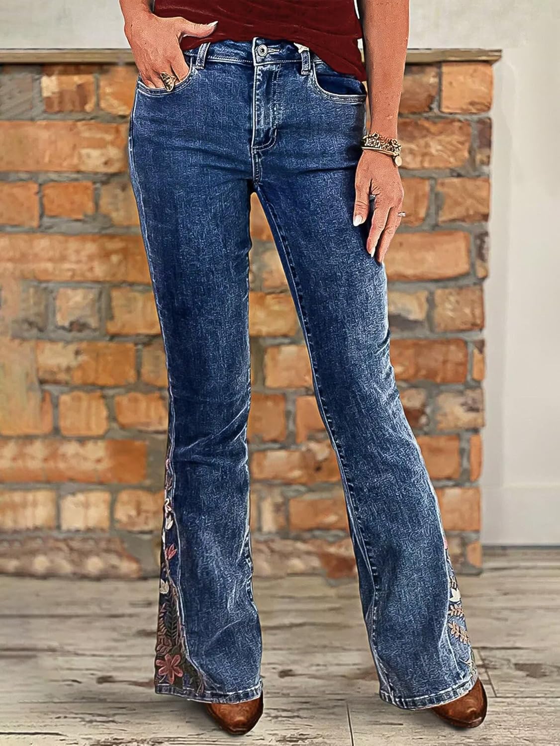 Flamingals Women's Floral Embroidery Mid Waist High Stretch Bootcut Jeans with Pockets - Image 4