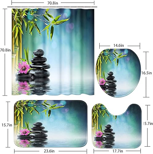 Miniatura 5 de ArtSocket Juego de baño de bambú de hibisco de piedra negra con cortina de ducha y accesorios para alfombras, hermosa cortina de ducha floral