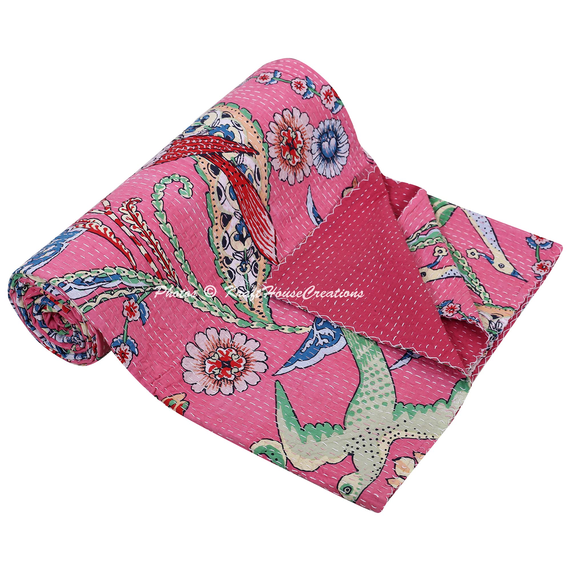 Couvre-lit rose Queen KHC Kantha fait main, la douceur d'un coton