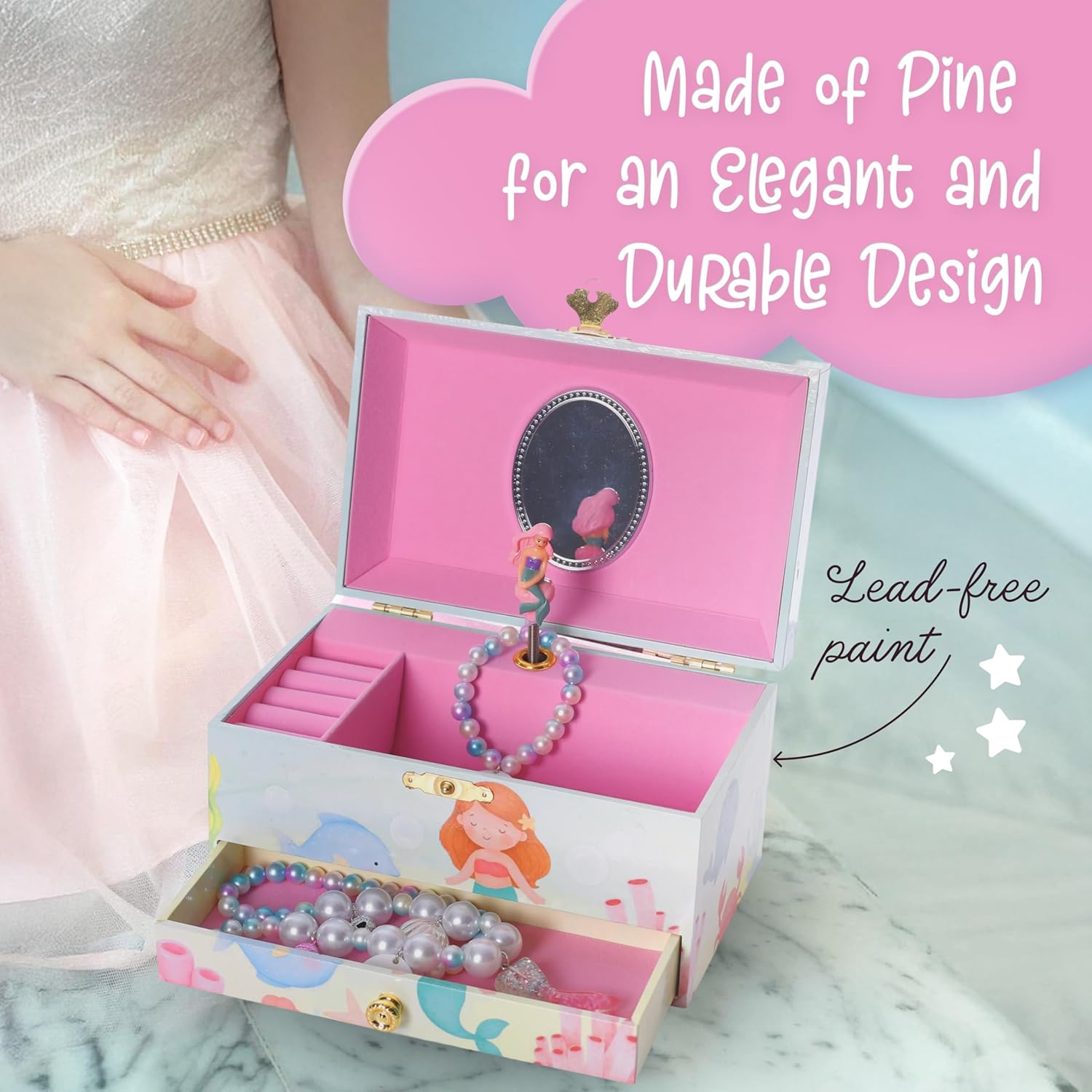 The Memory Building Co Mermaid Musical Jewelry Box Plays Classic Melody, Storage Organizer Music Box for Kids Ages 6-12, MDF Wood w/ 2 Fabric Lined Ring Bracelet Necklace Treasure Compartments