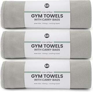 S&T INC. Gym Travel Towel, 3 Pack, Cooling Towels for Camping, Yoga, Home and Gym Bag, 3 Storage Bags Included, 12 Inch x 40 Inch, Microfiber, Grey