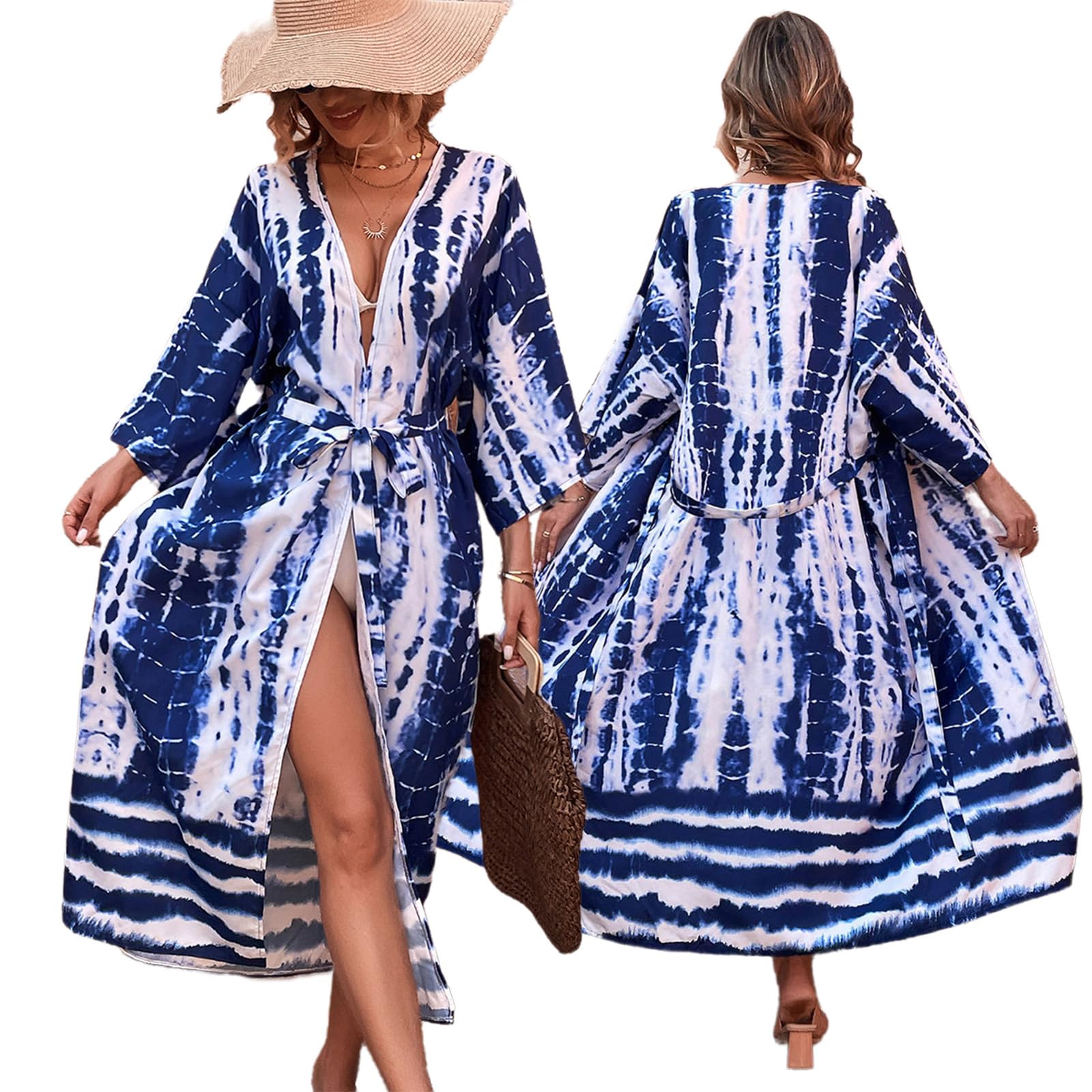 Kimono de plage ouvert sur le devant pour femme avec bande de taille, cardigan long de plage ouvert sur le devant