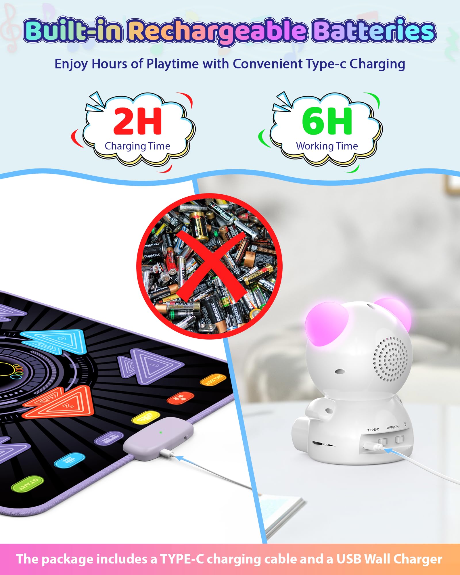 Tappetino da Ballo Ricaricabile per Bambini - Tappetino Luminoso per sfide di Ballo con Lettore Musicale Portatile Bluetooth Connect e 5 modalità, Regalo per Ragazze di 3-12 Anni, Ragazzi