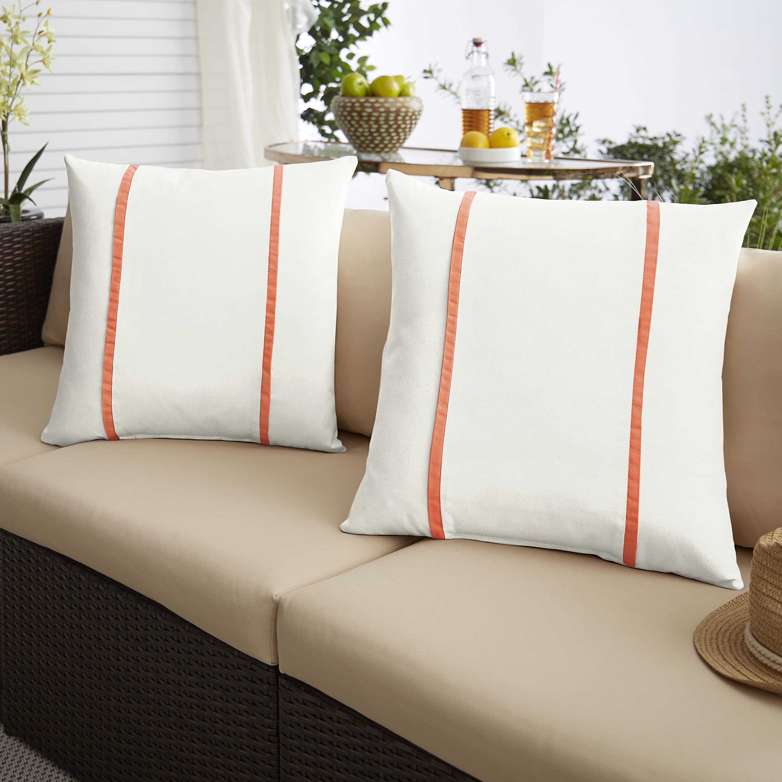 Sorra Home x Sunbrella - Indoor/Outdoor Square Pillows (Set of 2), Canvas Natural Ivory & Melon Coral