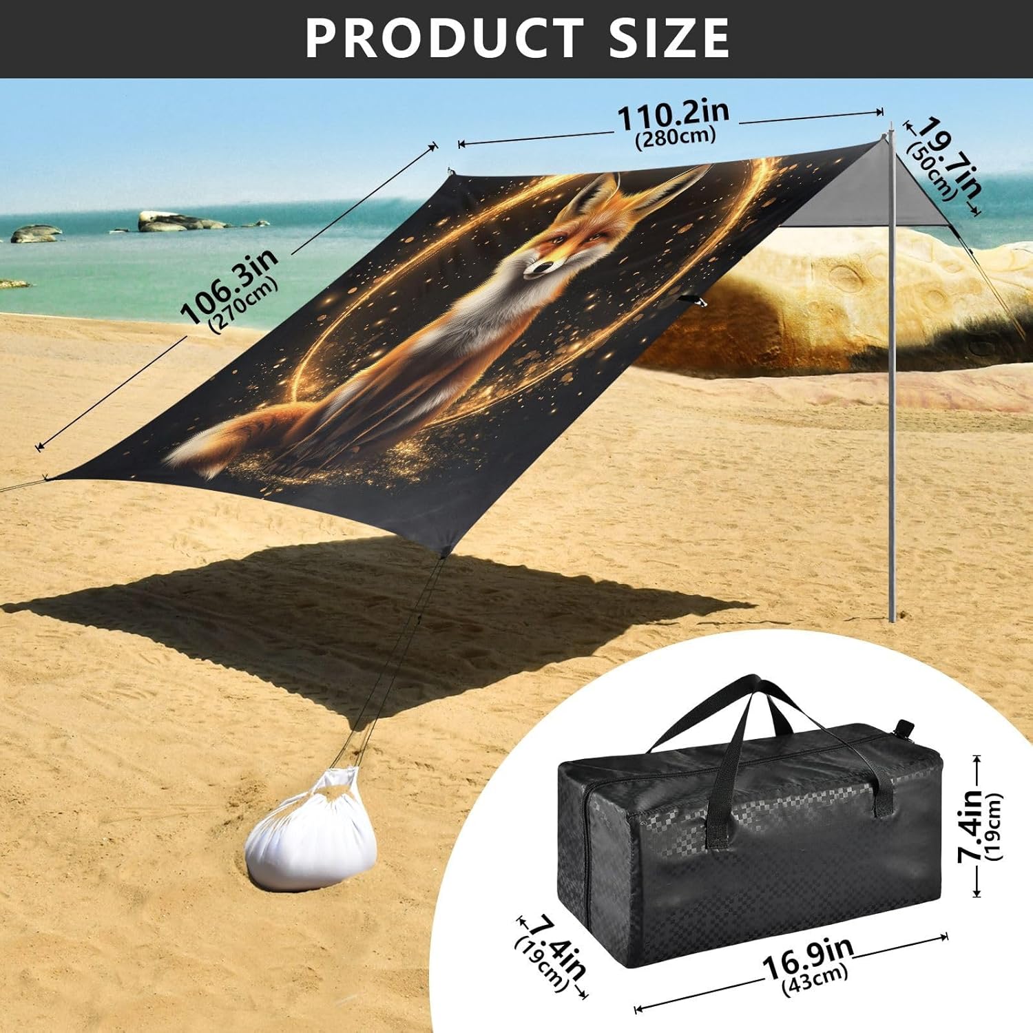 ALAZA Magic Fox Sitting Beach Tent Sun Shelter UPF50+ Protection Beach Shade Canopy w/ 4 Sandbags for Outdoor Camping, Fishing, Backyard Fun, Picnic, 10x9 ft