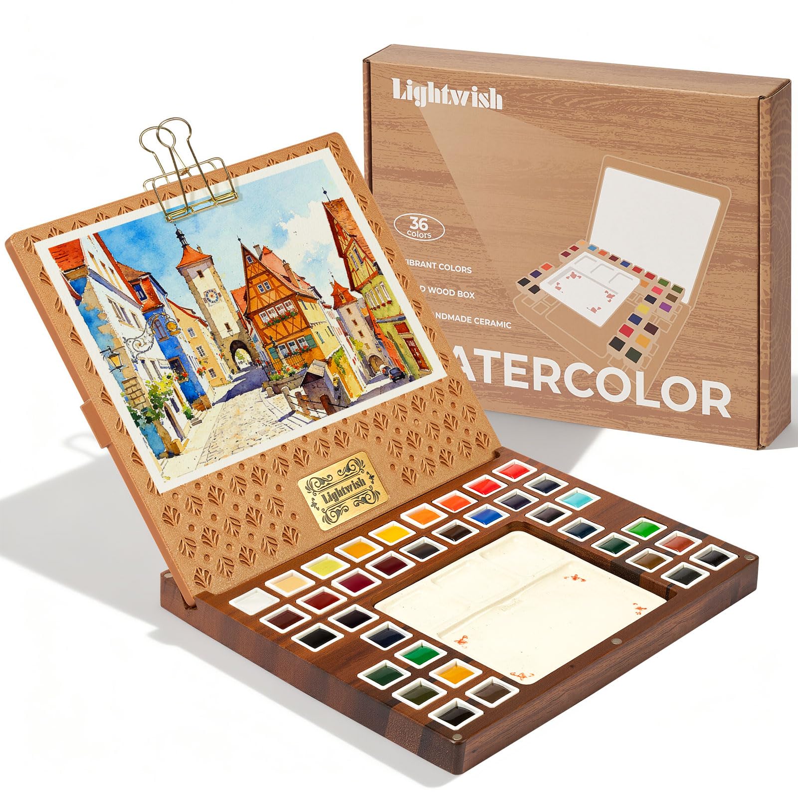 Wooden Watercolor Palette Box with 36 Vibrant Colors & Handmade Ceramic Palette - Art Watercolor Painting Kit for Artists, Adults, Beginners-picture-29