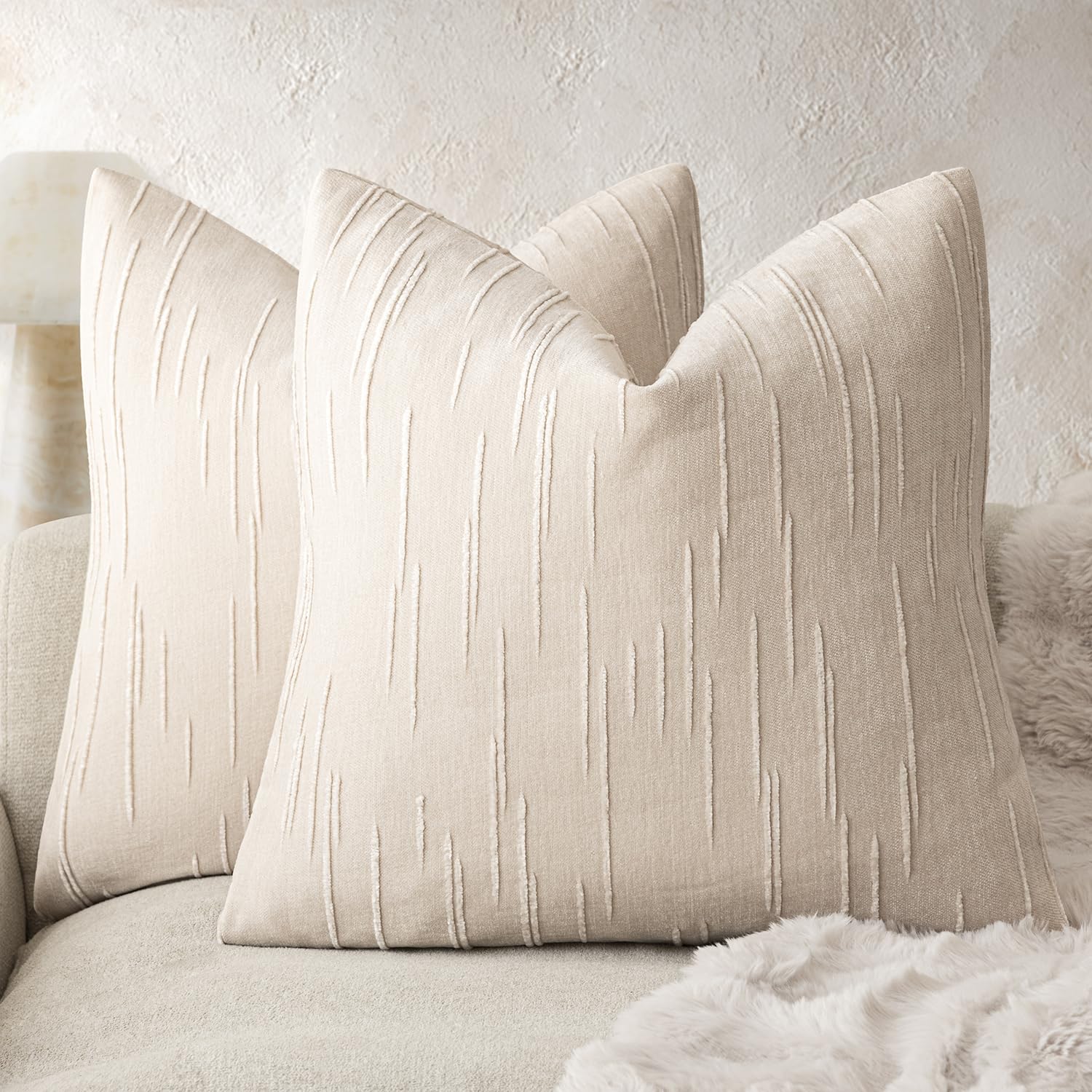 Foindtower Slubby Textured Chenille Throw Pillow Covers 22x22 Inch,Ivory