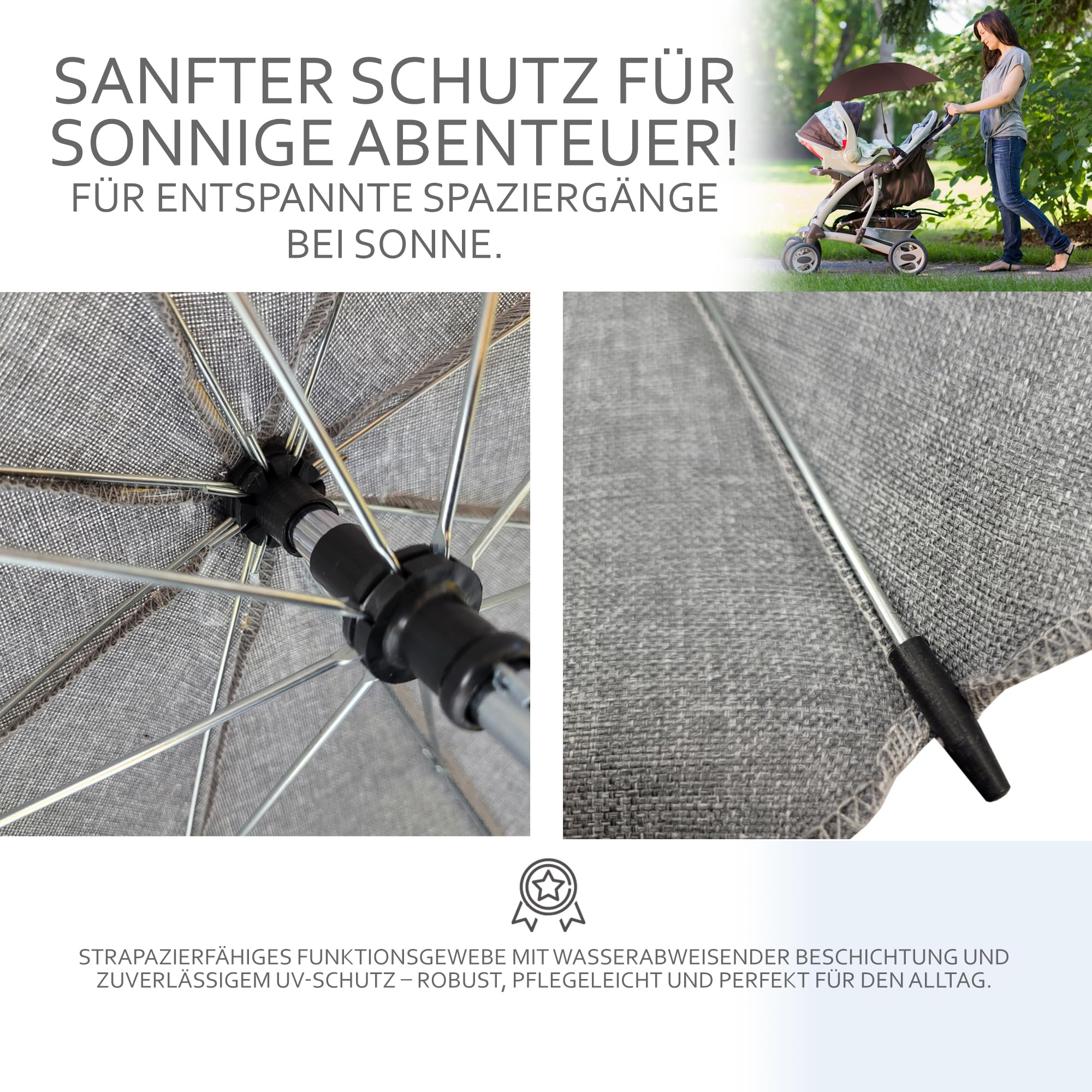 Sonnenschutz universal [Sonnenschirm für Kinderwagen] Buggy UV Schutz 50+ mit Universalhalterung biegsamer Schirm für Rund- und Ovalrohre verstellbar (meliert beige)