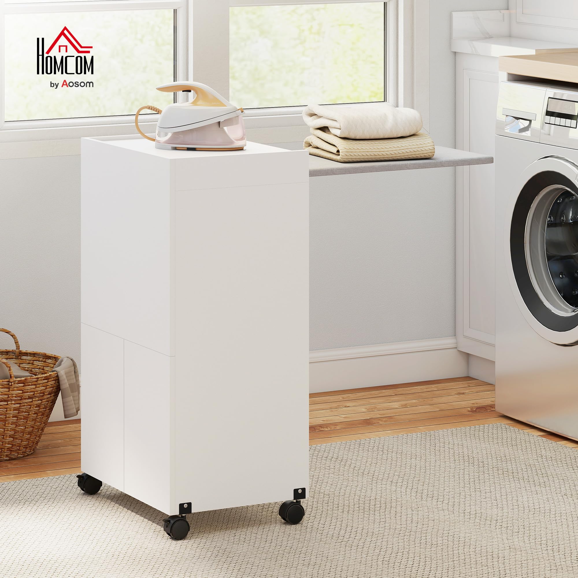 HOMCOM Meuble à Repasser Pliante sur roulettes 154x55x87cm Blanc | Table à Repasser avec Repose-Fer, Portes par Pression, Charnières à Fermeture Douce, pour Petits Espaces, Buanderie