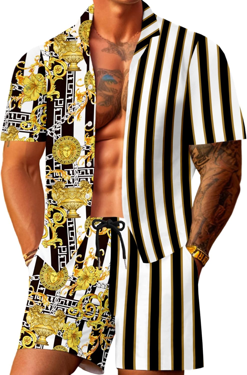 JoZorro Men Hawaiian Shirt Sets Casual Button Down Shirts 2 Piece Luxury Summer Beach Outfits