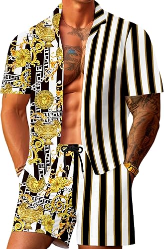 JoZorro Conjunto de camisa hawaiana para hombre, camisas casuales con botones, 2 piezas, trajes de playa de verano de lujo