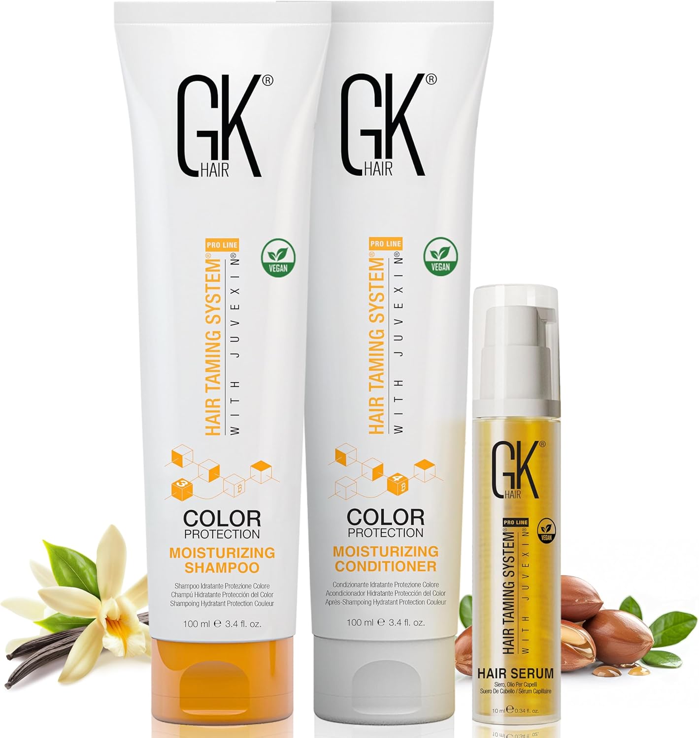 GK HAIR Color Protection Moisturizing Shampoo and Conditioner (100ml) with Argan Hair Oil Serum (10ml) Trio for Damaged Frizzy Hair and Dry Hair