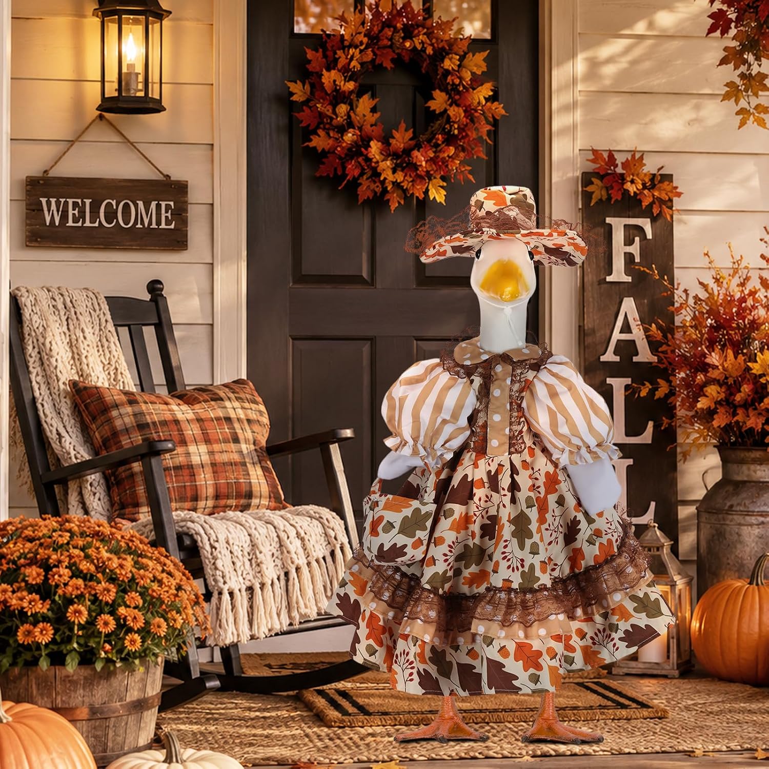 Fall Porch Goose Outfit for 23 Inch Plastic & Cement Goose Statue, Rustic Farmhouse Cute Clothes & Fall Harvest Thanksgiving Costume Decor Garden Patio Lawn Yard Outdoor