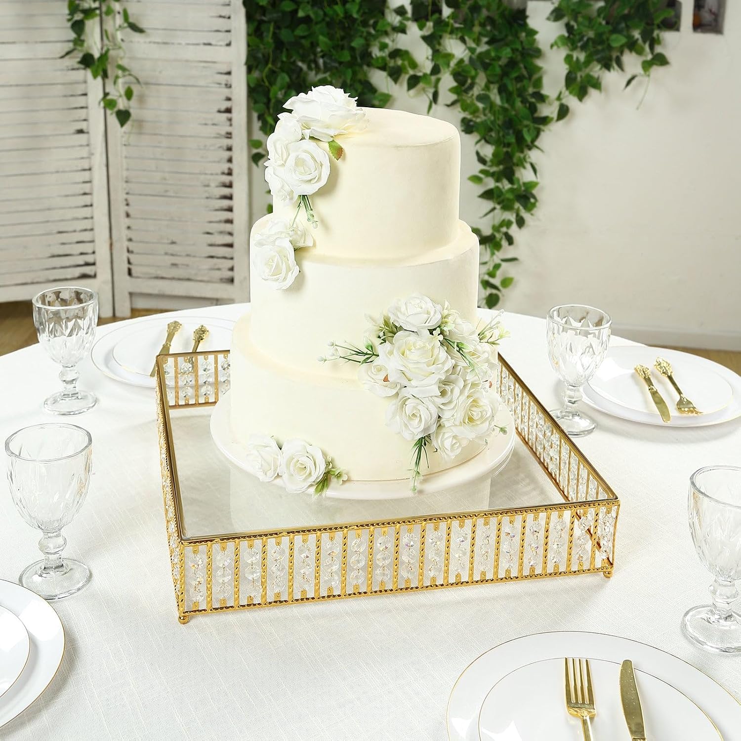 Efavormart 18" Square Gold Crystal Cake Stand - Large Mirror Glass Top Metal Dessert Display with Hanging Beads for Tiered Cakes