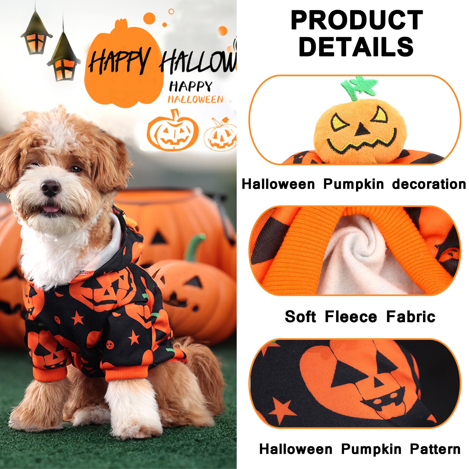 SMALLLEE_LUCKY_STORE Fleece Lined Dog Halloween Costumes Puppy Hoodies Pumpkin Pet Sweater for Small Dog with Pumpkin Decoration Warm Fall Winter Holidays Cosplay Party Cat Pullover - Image 4