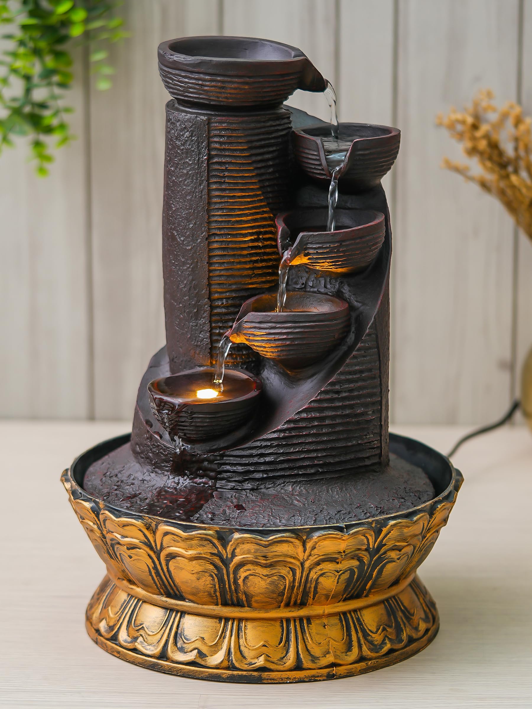 CHRONIKLE Polyresin Black Designer Table Top Indoor 5 Artistic Steps Waterfall Fountain with Yellow LED Lights & Water Flow Controller Pump (Size: 41 x 25 x 25 CM | Weight: 1980 Gram | Color: Black)-image-2