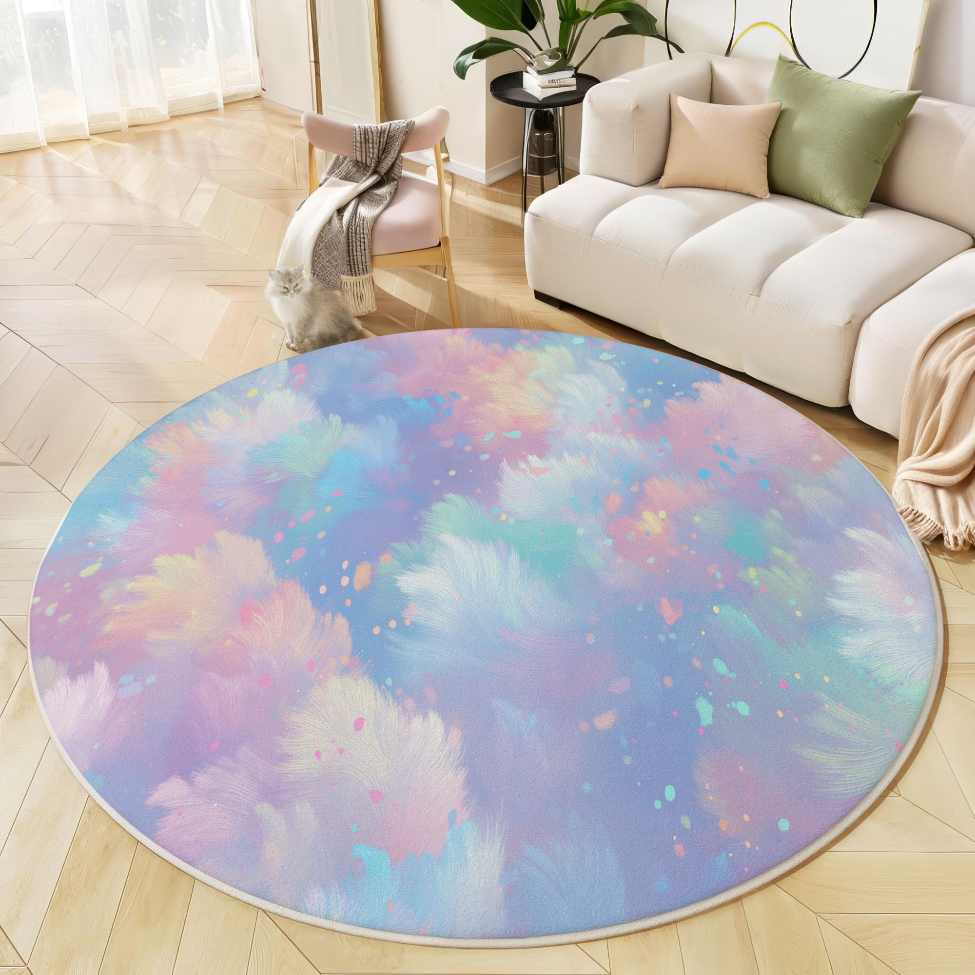 Tapis de salon rond 160cm rose abstrait antidérapant et lavable