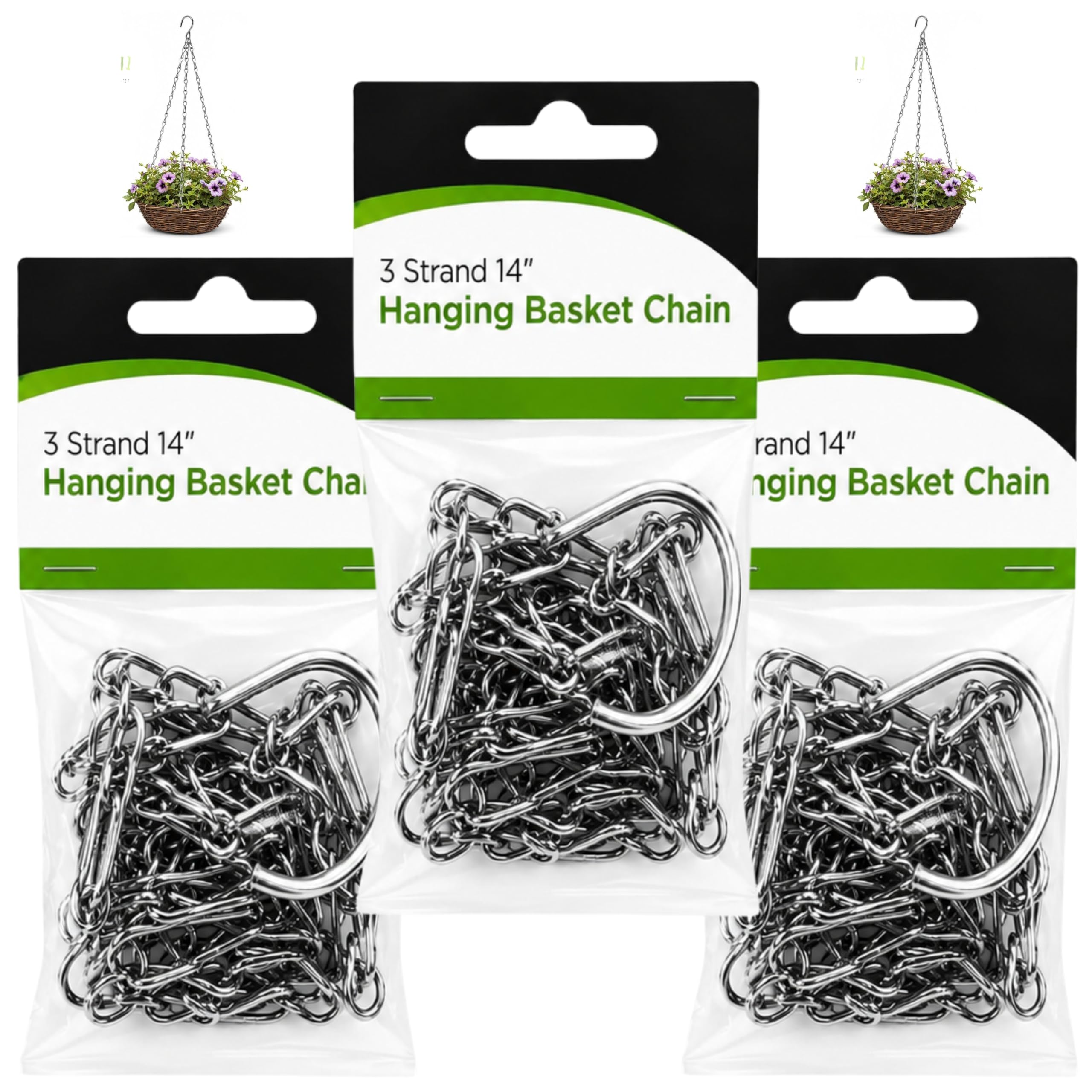 GrassWarehouse 3 Strand 14” Hanging Basket Chain Heavy Duty Metal Plant Hanger with Hook & S-Hooks, Rust Resistant Hanging Chain for Baskets, Planters, Bird Feeders Indoor Outdoor (3 Pack)