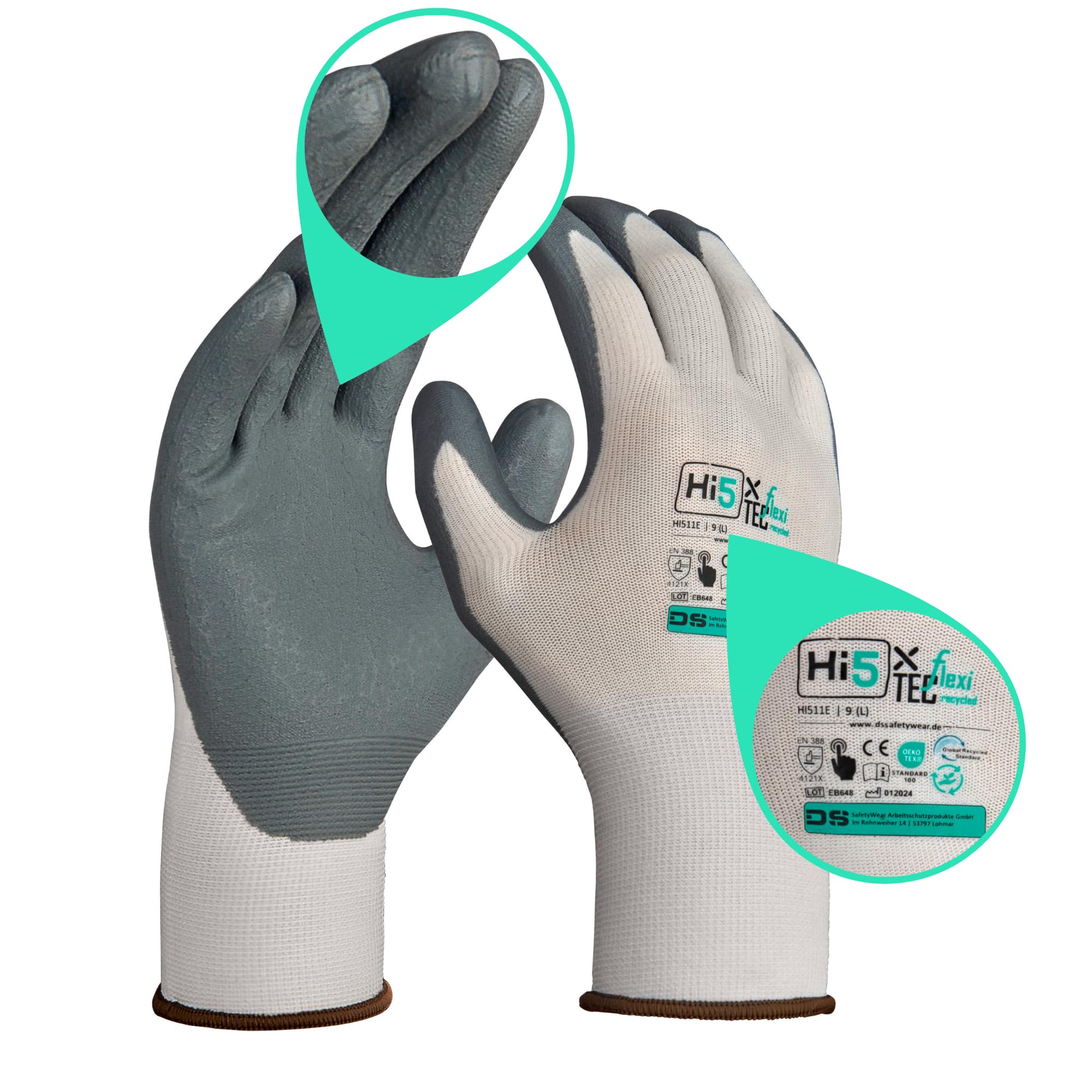Hi5 X-FlexiTec Green Arbeitshandschuhe recycelt – 15G Polyester/Elasthan – Nitril-Mikroschaum-Beschichtung – EN 388: 4121X – Touchscreen – weiß/grau (120, M)