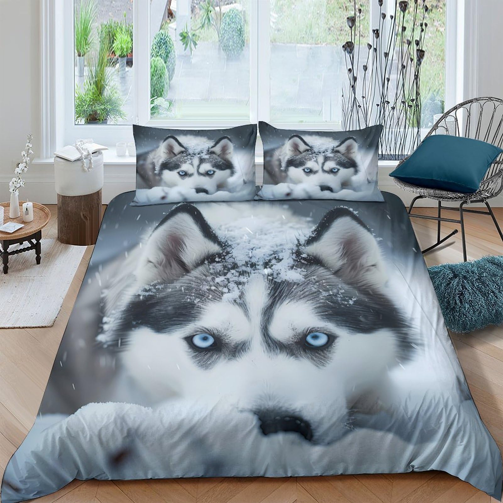 Ctjqhvkz Style-8 3D Printed Husky Wolf Fitted Sheet Microfiber Bedding Animal Blue Eyes Bed Cover For Bedroom Guestroom Decor Single（135X200cm）