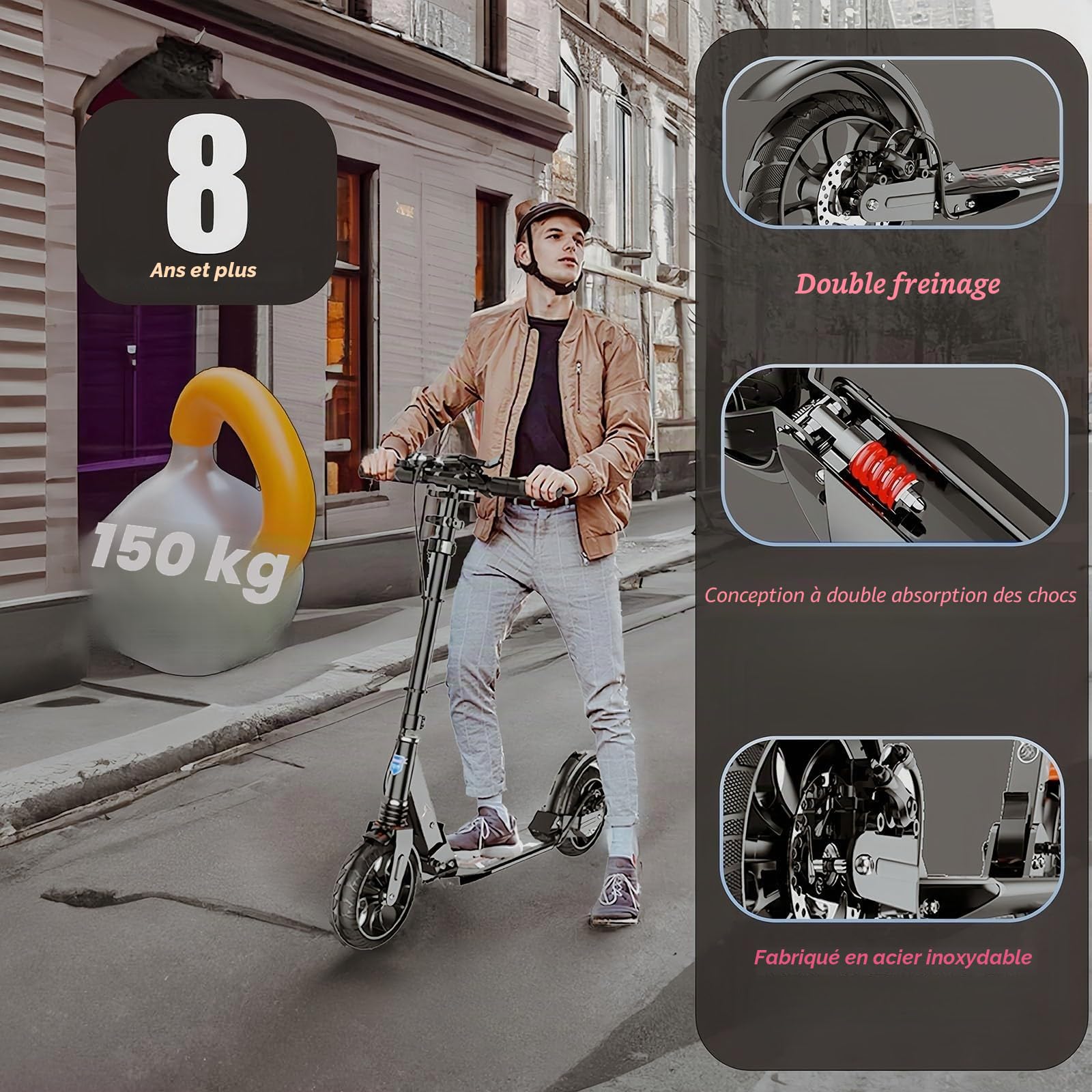 Trottinette Adulte 200 Mm Big Wheel City Scooter avec Freins Et Amortisseurs, Capacité De Charge 150 Kg, Réglable en Hauteur, Trottinette De Ville pour Enfants 8 Ans