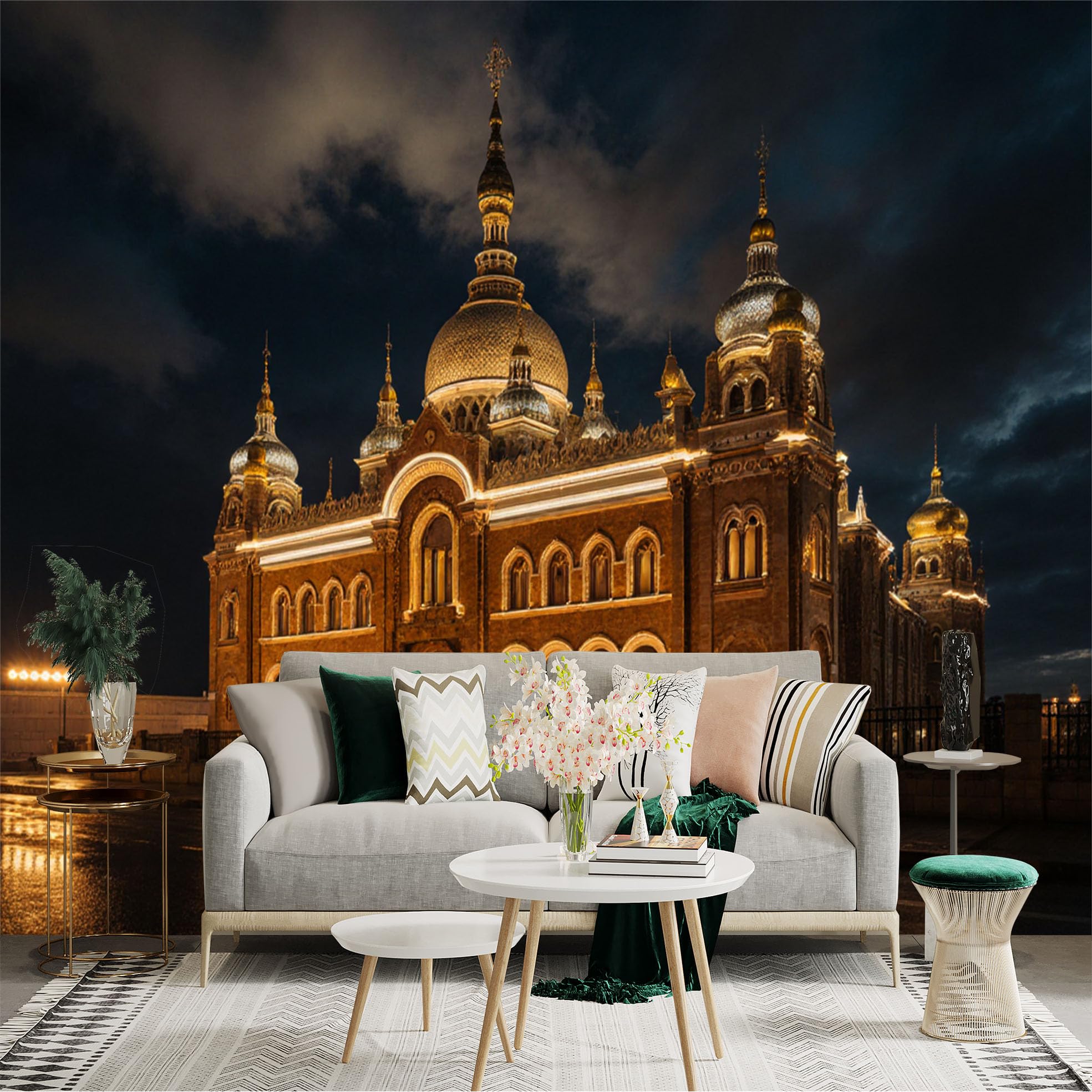 Custom Size Wall Sticker Mural， Illuminated Historic Cathedral at Night with Golden Domes and Dramatic Sky， for wall Decoration， peelandstick wall Decals.