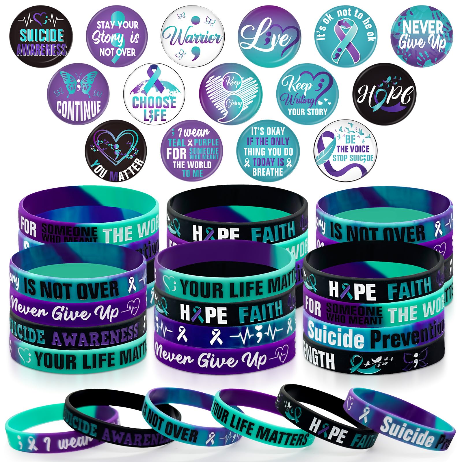 60 Pcs Suicide Prevention Awareness Accessories Bulk Include 30 World Suicide Prevention Day Hope Faith Bracelets and 30 Teal Purple Ribbon Semicolon Round Badges for Suicide Awareness and Prevention