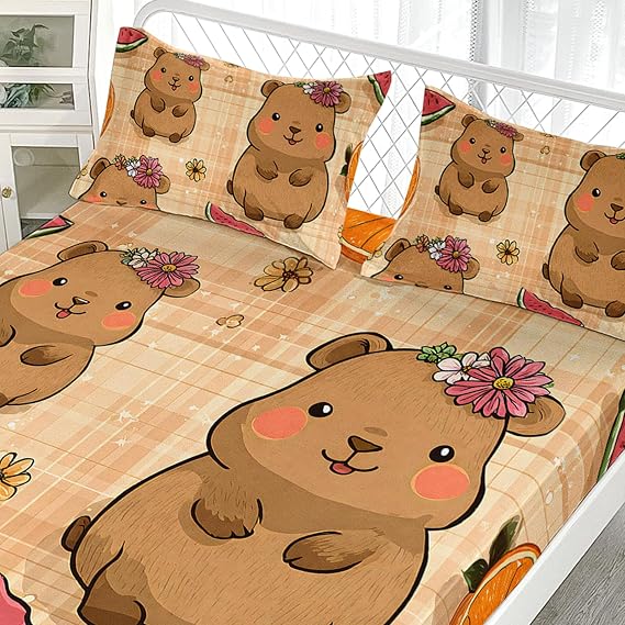 AILONEN Cute Capybara Bedding Set Twin Size - Cartoon Capybara Fitted Sheet & 2 Pillowcases - 3 Pieces Kawaii Animal Bed Sheet Set for Kids Teens Girls Boys