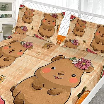 AILONEN Cute Capybara Bedding Set Twin Size - Cartoon Capybara Fitted Sheet & 2 Pillowcases - 3 Pieces Kawaii Animal Bed Sheet Set for Kids Teens Girls Boys