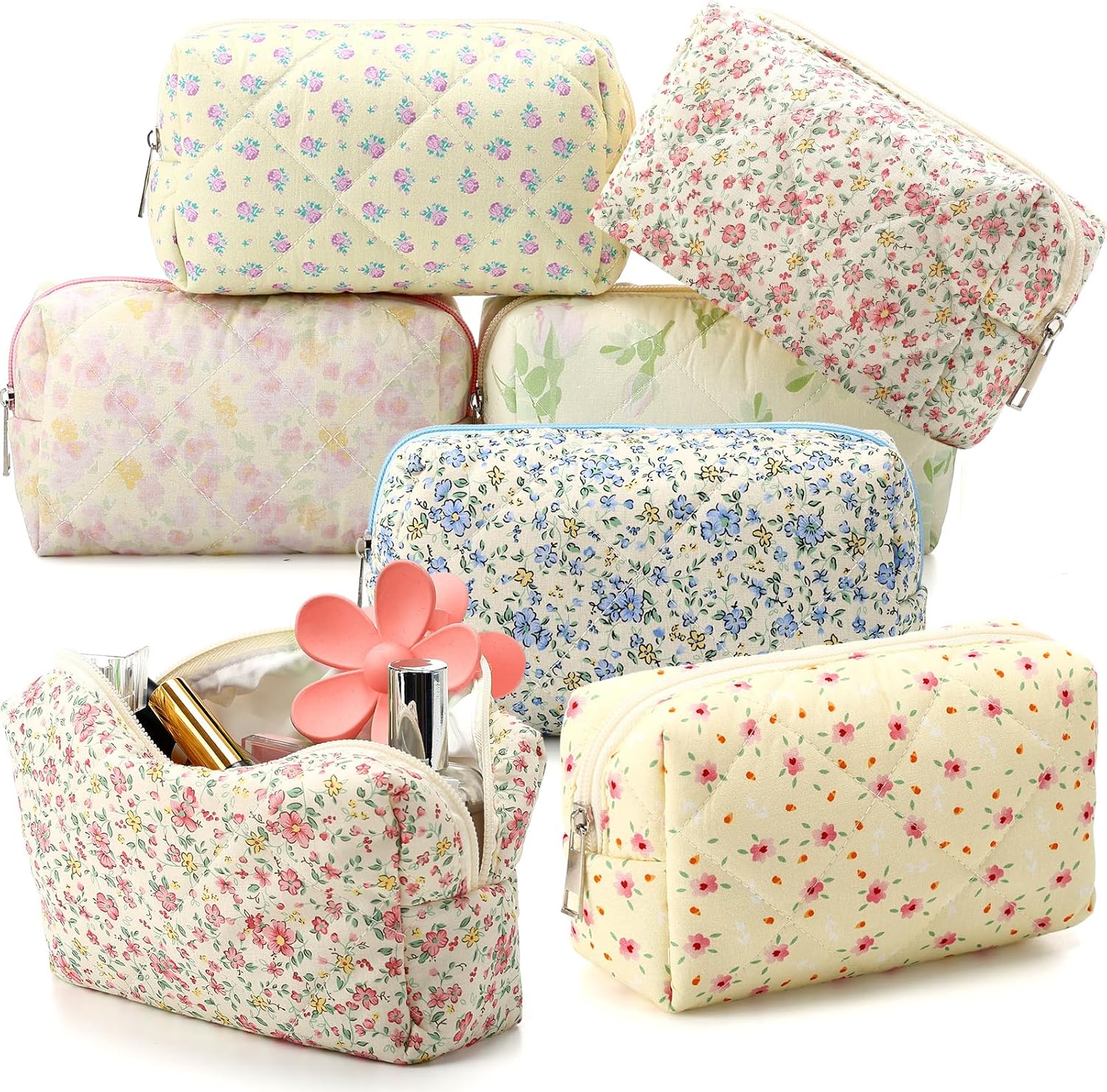 Paterr 6-Pack Quilted Cotton Makeup Bags - Cute Bow Floral Cosmetic Pouches for Travel, Bridesmaids, Women & Girls (Multicolor)