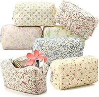 Paterr 6-Pack Quilted Cotton Makeup Bags - Cute Bow Floral Cosmetic Pouches for Travel, Bridesmaids, Women & Girls (Multicolor)