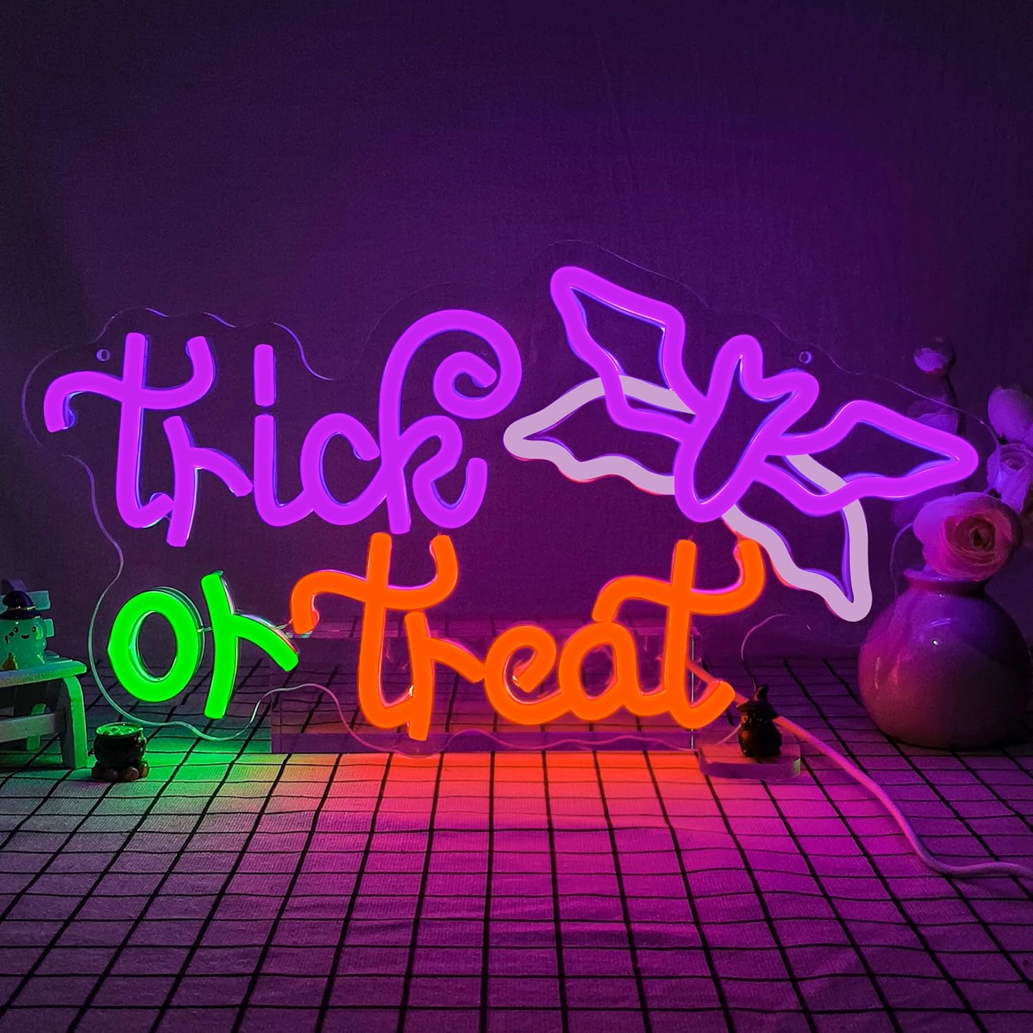 Halloween Neon Sign Bat Neon light for Wall Decor Dimmable Flashing Tick or Treat Neon Lights for Windows Halloween Party Decor