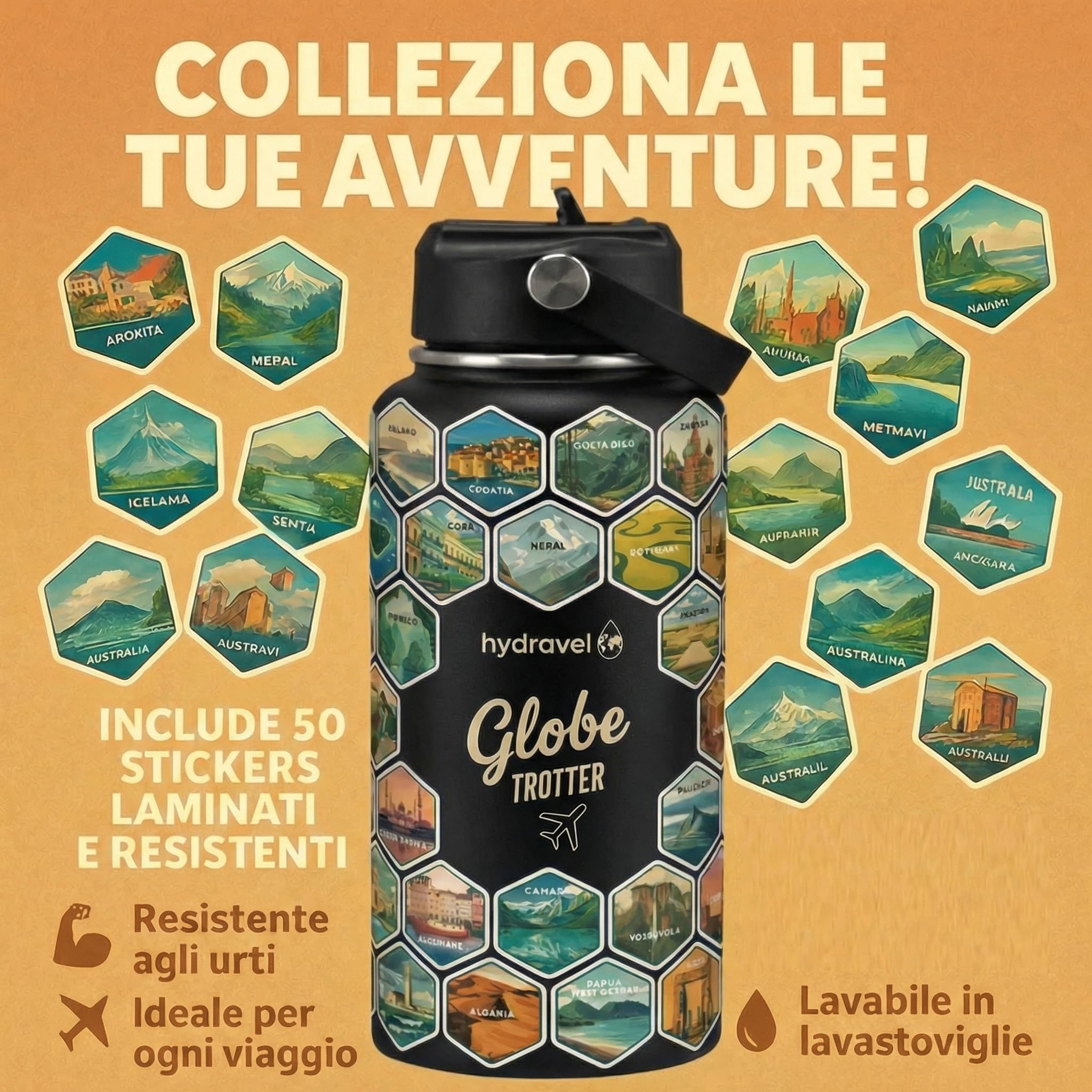 HYDRAVEL - Borraccia Termica GLOBE TROTTER con 50 Adesivi dei Posti più BELLI del Mondo - Ottima Idea Regalo per Viaggiatori - 1 LT, Acciaio Inox, bevande Calde per 12h/Fredde 24h (Nero) - 4