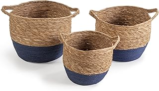 HOMN LIVING Set de 3 cestas Anxo de Fibra Natural con Asas, Color Azul/Natural