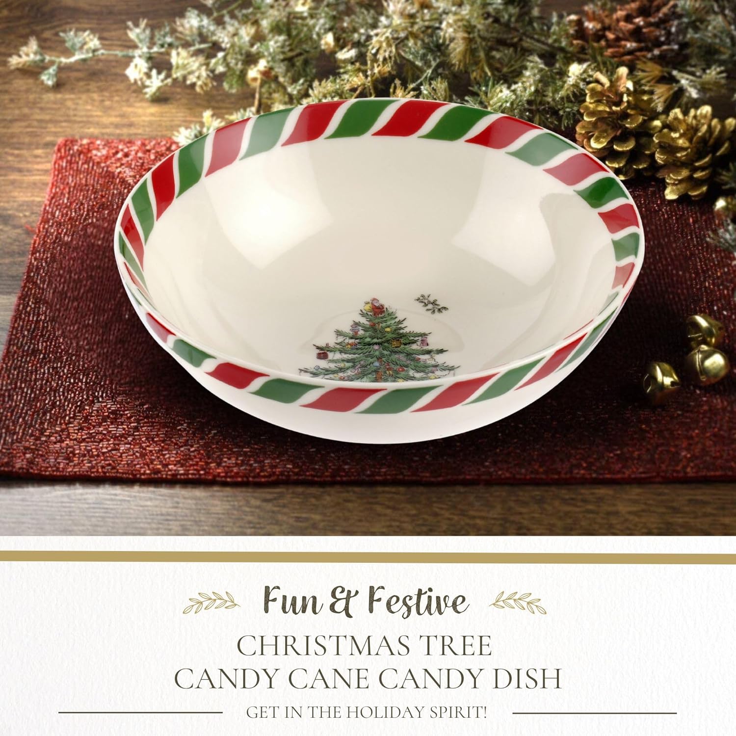 Spode Christmas Tree Candy Cane Candy Bowl, 6" Festive Holiday Bowl with Christmas Tree Design - Microwave, Freezer, Dishwasher Safe - Earthenware Serveware for Snacks and Desserts