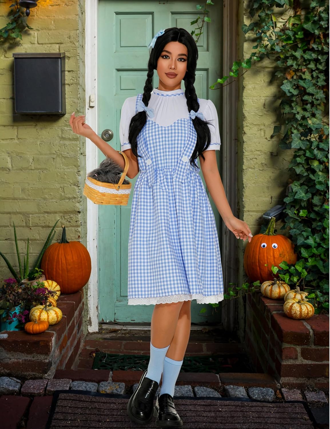 GERVAISE Womens Blue Plaid Dress Halloween Costume Outfit 8pcs Accessories Full Set