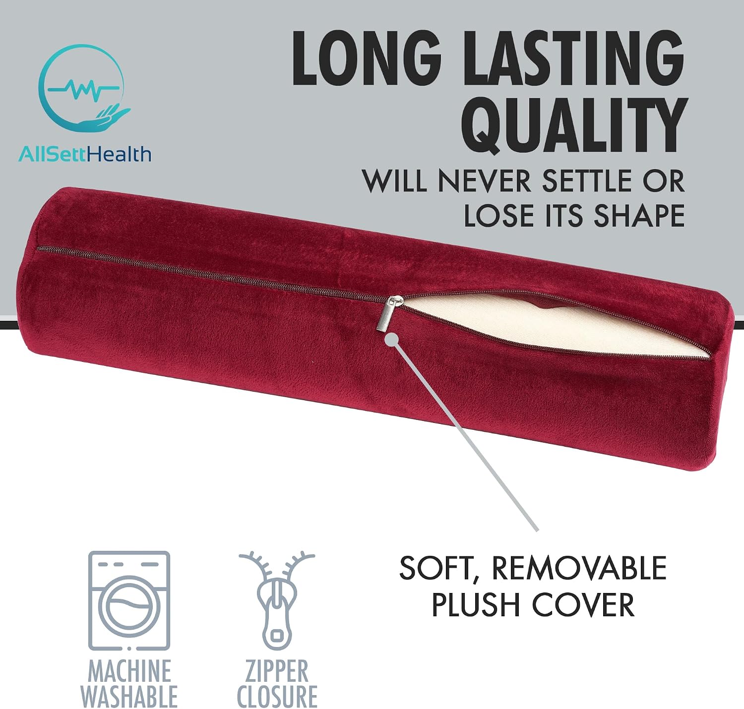 AllSett Health Cervical Neck Roll Memory Foam Pillow, Bolster Pillow, Round Neck Pillows Support for Sleeping | Bolster Pillow for Bed, Legs, Back and Yoga, Burgundy Washabe Cover